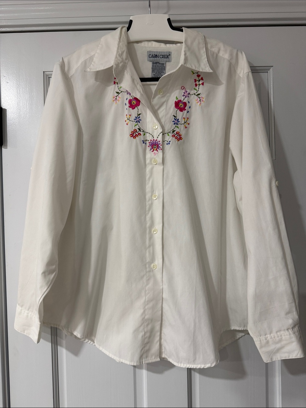 Vintage Cabin Creek Embroidered Floral Button-Up Shirt White Long Sleeve Size XL